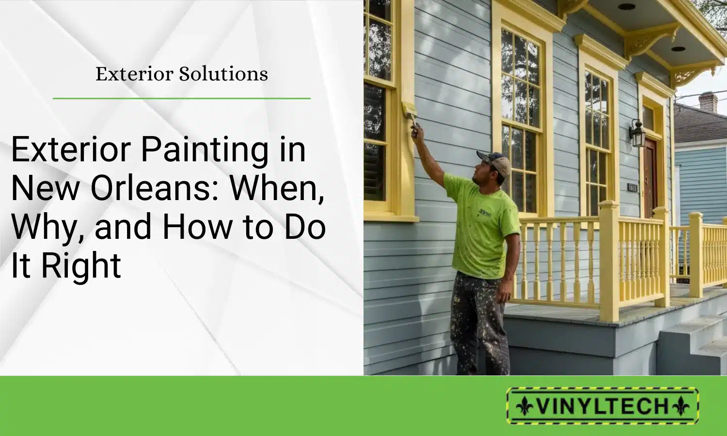 Vinyltech painter applying yellow trim paint to a blue historic home in New Orleans, showcasing exterior painting services designed for Gulf Coast weather.