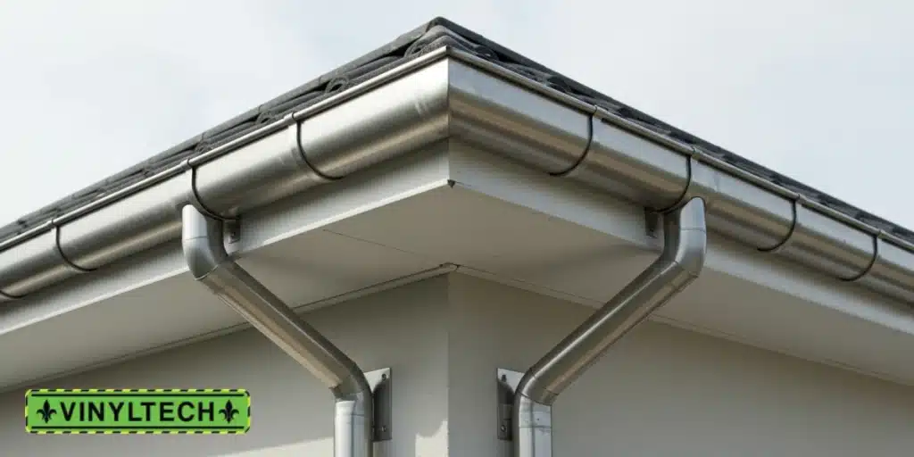 Close-up of a modern house corner with a stainless steel gutter and downspout, showcasing durable, long-lasting construction.