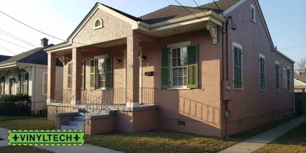 A front-facing view of a single-story stucco house in a quiet New Orleans neighborhood. The house has a smooth, freshly painted stucco finish in a warm, neutral color — like soft beige, light terracotta, or misty gray — with subtle natural texture visible across the surface.
Architectural details are simple and regional: a small front porch with concrete steps, iron handrails, and a gently sloped roof. The windows are modestly trimmed, with closed wooden shutters painted in a complementary color — perhaps forest green or muted blue. There are no visible people, and no signs of mess or active work — just a clean, completed look that suggests recent professional painting.
The setting is unmistakably New Orleans residential:
Narrow sidewalk in front.
Small front yard with a patch of grass and a few scattered leaves.
Utility lines overhead and a neighboring shotgun house partially visible to one side.
Soft morning or late afternoon sunlight casts gentle shadows, emphasizing the fresh, even finish of the stucco.
This image communicates quality, simplicity, and local context — perfect for showing off what a well-done stucco paint job looks like without distractions.