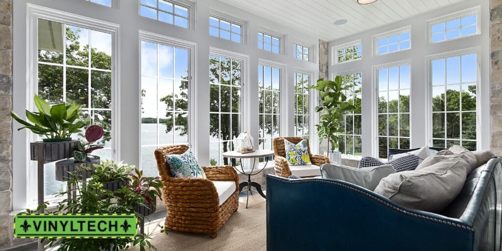 A beautifully designed sunroom with large, energy-efficient windows overlooking a scenic view. Discover how window replacement costs in New Orleans can vary based on materials, design, and energy efficiency features.