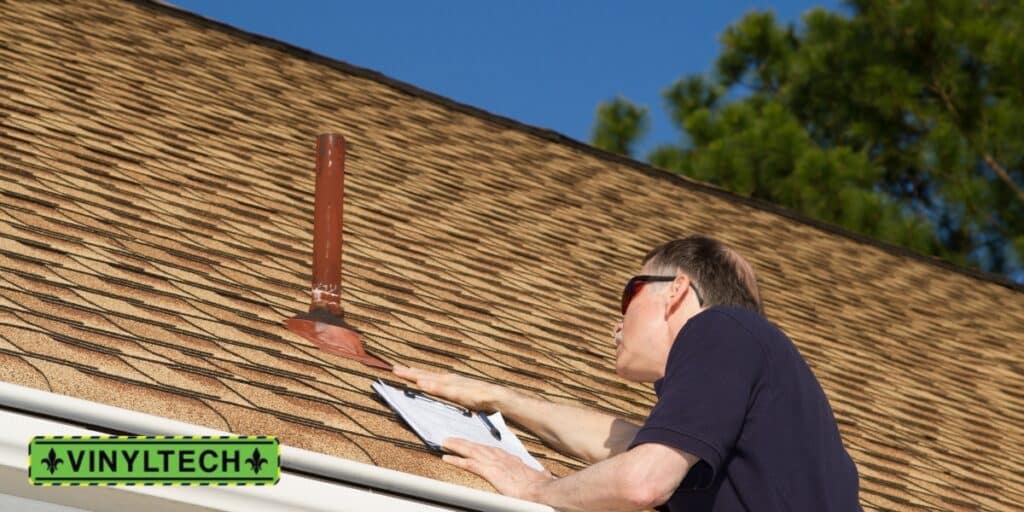 Inspector examining roof shingles with a clipboard, focusing on a pipe vent, under clear skies, as part of preparations for roof replacement.