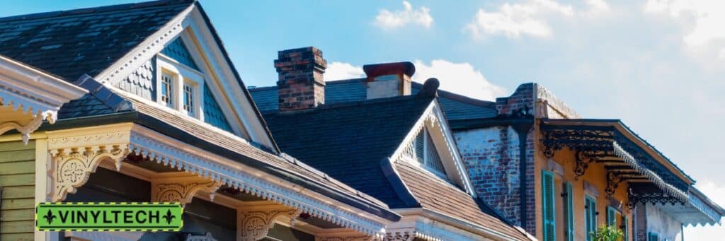 This close-up view showcases the intricate roofing styles of New Orleans' historic homes, featuring steep gables, detailed trim, and durable shingles. These roofs are as much about artistry as they are about protection against the area's challenging weather. Vinyltech Roofing, with its expertise in preserving the character and durability of such structures, is the trusted contractor for maintaining the charm and functionality of these iconic rooftops.