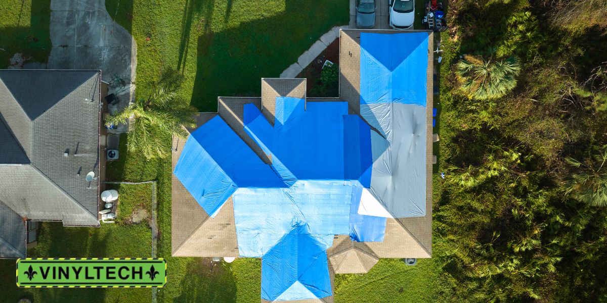 Aerial view of a Gulf Coast home with storm damage, protected by blue tarps installed by Vinyltech for temporary weatherproofing after severe weather." Storm-Ready Roof: "Close-up of a storm-ready residential roof with durable sidi