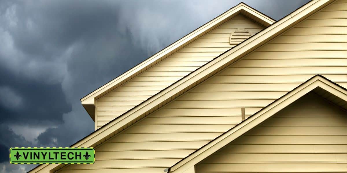 Close-up of a storm-ready residential roof with durable siding under an overcast sky, showcasing Vinyltech's weather-resistant roofing and exterior solutions.