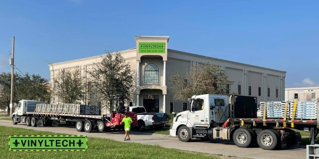 The Vinyltech office building with stucco exterior, surrounded by trees and trucks loaded with materials parked outside. A worker in a neon vest is visible, with the Vinyltech logo displayed prominently on the building and in the bottom left corner.
