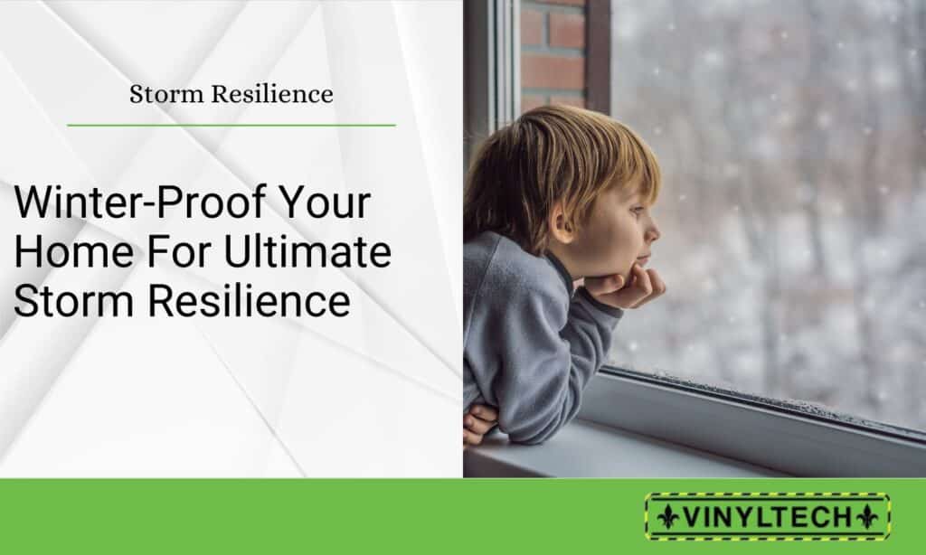 A young child gazing out of a window at a snowy winter scene, symbolizing the importance of preparing homes for winter storms. The image features the title "Winter-Proof Your Home for Ultimate Storm Resilience" and highlights the branding of Vinyltech Roofing with a green banner