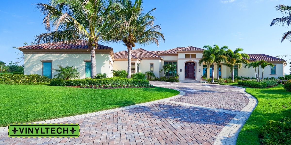 A beautiful stucco home with a paved driveway, lush green lawn, and palm trees under a bright blue sky, showcasing the elegance of Gulf Coast architecture. The Vinyltech logo is displayed in the lower left corner.