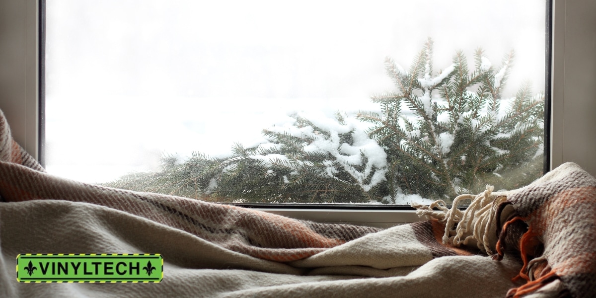 A cozy indoor scene with a plaid blanket draped near a window, showing snow-covered evergreen branches outside. The image creates a warm and inviting atmosphere, contrasting the cold outdoors with the comfort inside.