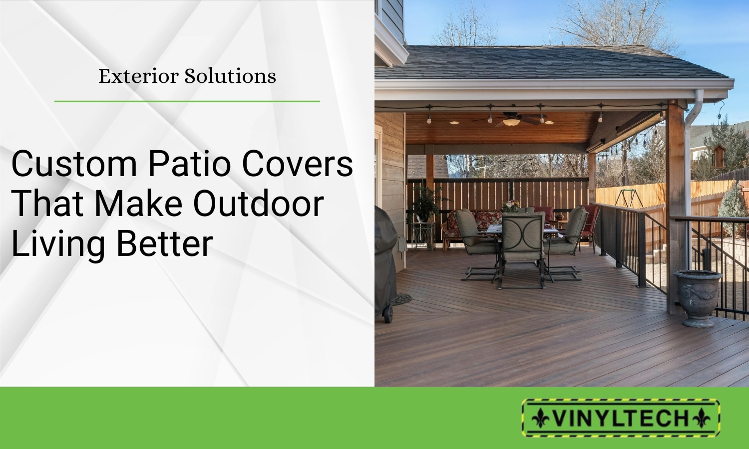 A beautifully designed custom patio cover with wood accents and recessed lighting, providing a comfortable outdoor living space with a dining setup. Installed by Vinyltech, this Gulf Coast patio cover enhances shade, style, and durability for homeowners.