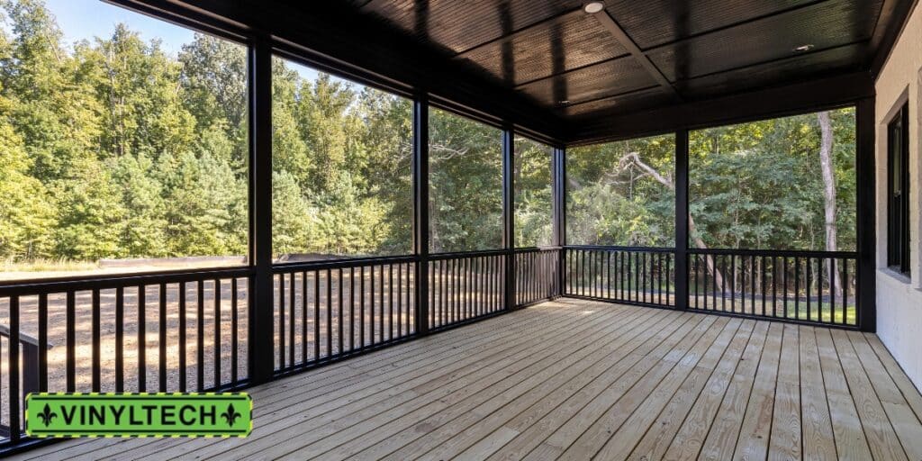 A newly built black-framed screened patio cover with a wood deck, surrounded by trees for a private outdoor retreat. This Vinyltech patio cover adds durability, shade, and protection from insects while maintaining an open-air feel.