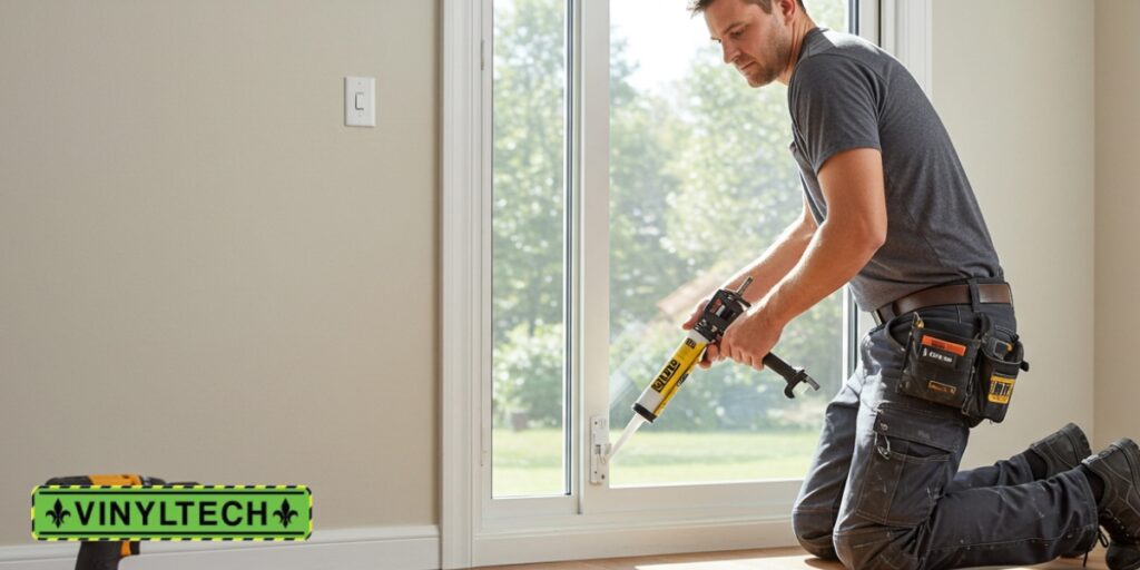 A window installer kneels on a hardwood floor inside a bright, modern home, using a yellow caulking gun to seal a large vinyl sliding window. Sunlight streams through the glass, and the worker is focused on the task, wearing a tool belt with various supplies. The room has light neutral walls and a clean, minimal appearance. A branded drill with a "Vinyltech" label is visible in the foreground.
