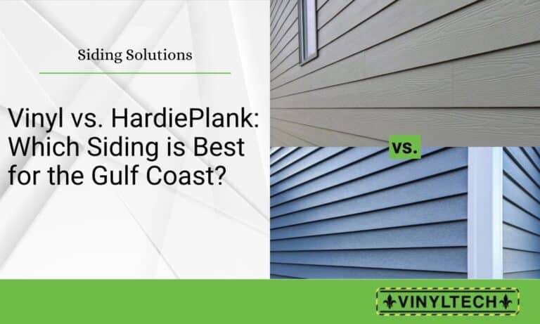 Side-by-side comparison of HardiePlank fiber cement siding and vinyl siding with the headline "Vinyl vs. HardiePlank: Which Siding is Best for the Gulf Coast?" and Vinyltech branding.