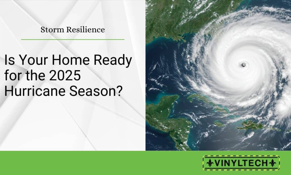 Satellite image of a large hurricane in the Gulf of Mexico beside a Vinyltech storm preparedness banner asking, 'Is Your Home Ready for the 2025 Hurricane Season?'