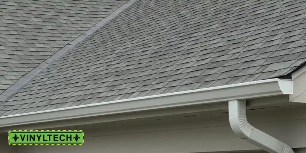 Close-up of a seamless aluminum gutter and downspout installed on a light-colored home with a shingle roof.