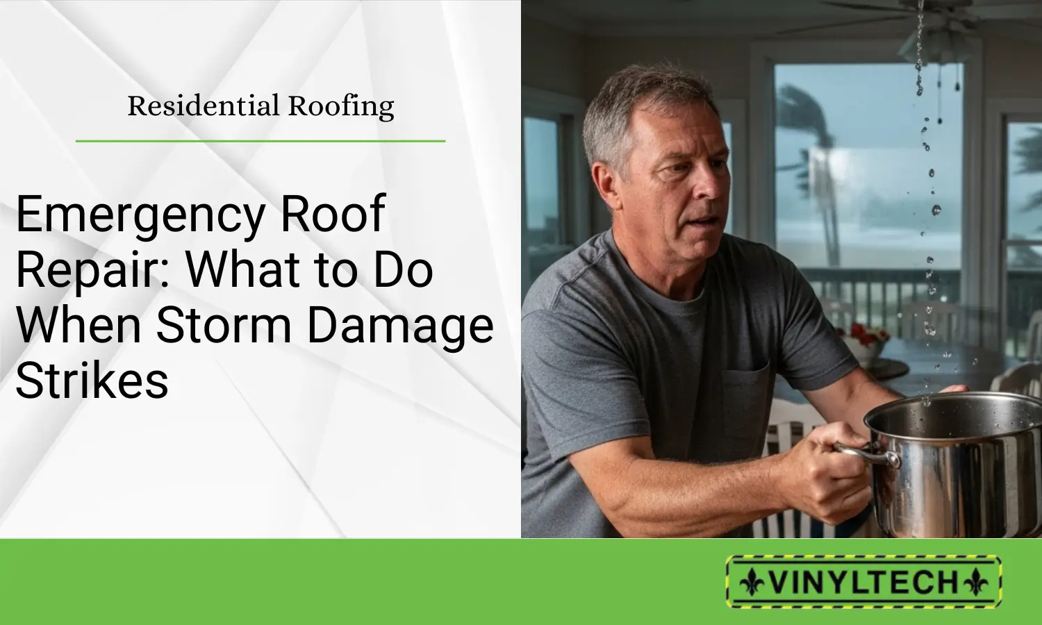 Man placing metal pot to catch water from ceiling leak during storm - emergency roof repair steps by Vinyltech roofing contractors