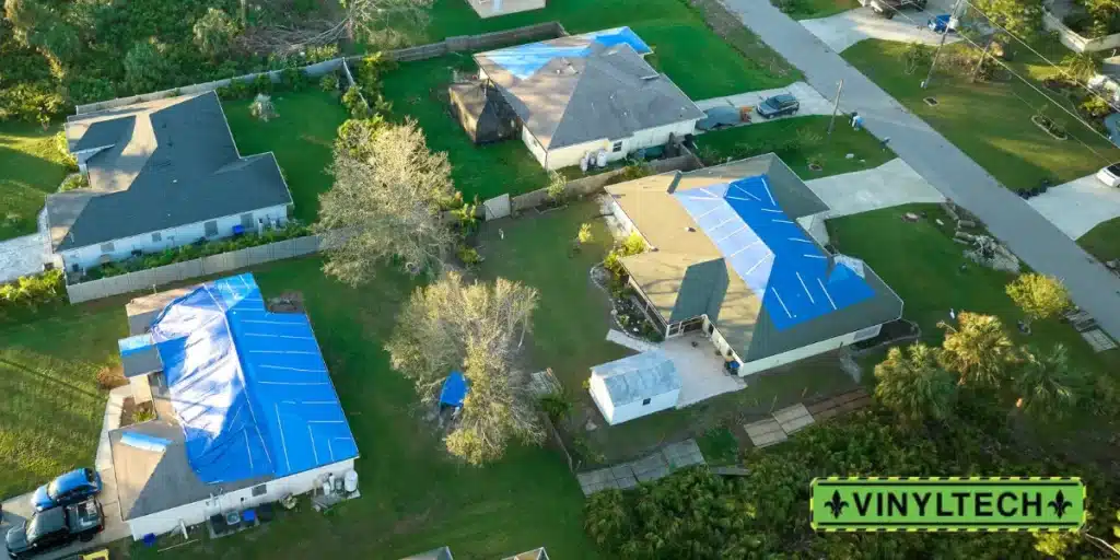 Aerial view of multiple homes with blue emergency tarps covering storm-damaged roofs - Vinyltech emergency roof repair services