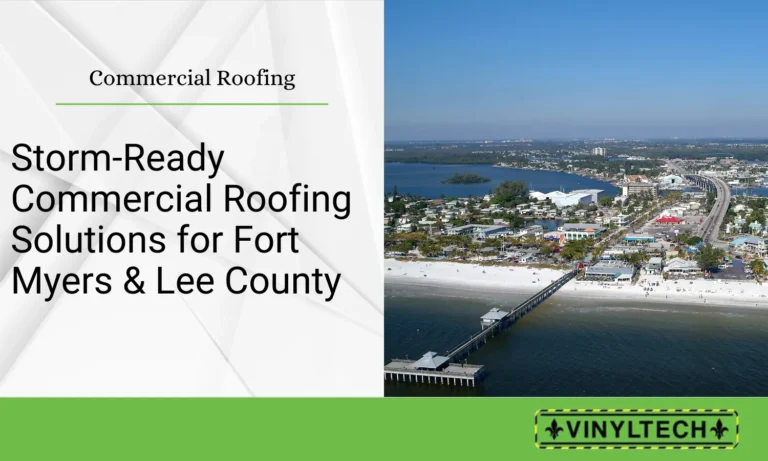 Aerial view of Fort Myers Beach waterfront with commercial buildings, pier, and white sand beach, showcasing the coastal commercial properties that need storm-ready roofing solutions from Vinyltech