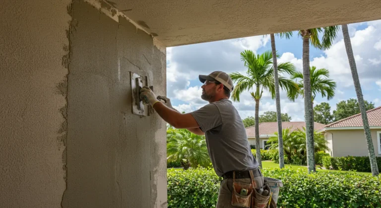 Professional stucco repair contractor smoothing fresh stucco on exterior wall with trowel in Fort Myers, Florida, with palm trees and tropical landscaping visible in the background.