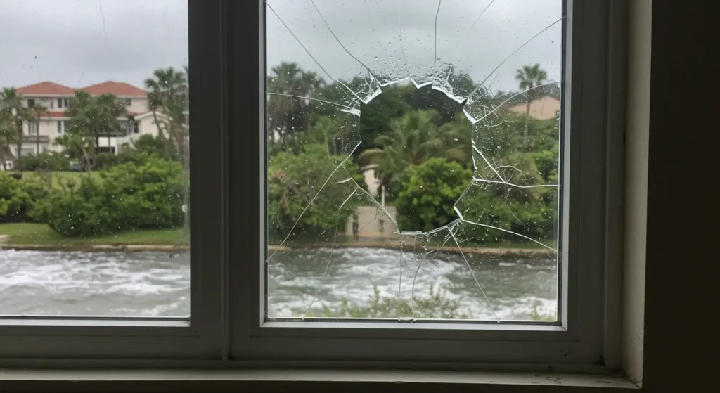 Broken standard window with shattered glass after storm damage in Florida home, showing the vulnerability of non-impact windows during severe weather and the need for hurricane-rated window replacement.