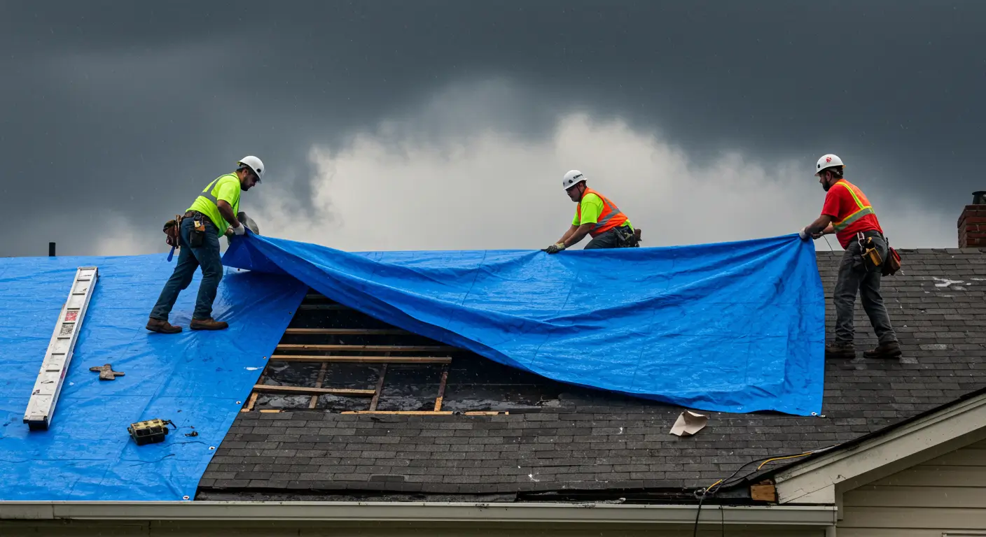 Emergency roof repair team placing blue tarp over damaged roof during storm in New Orleans, with workers in safety gear providing immediate protection to home. Dark storm clouds and rain visible, showing urgent response to roof emergency. Photorealistic style emphasizing professional emergency service and weather protection.