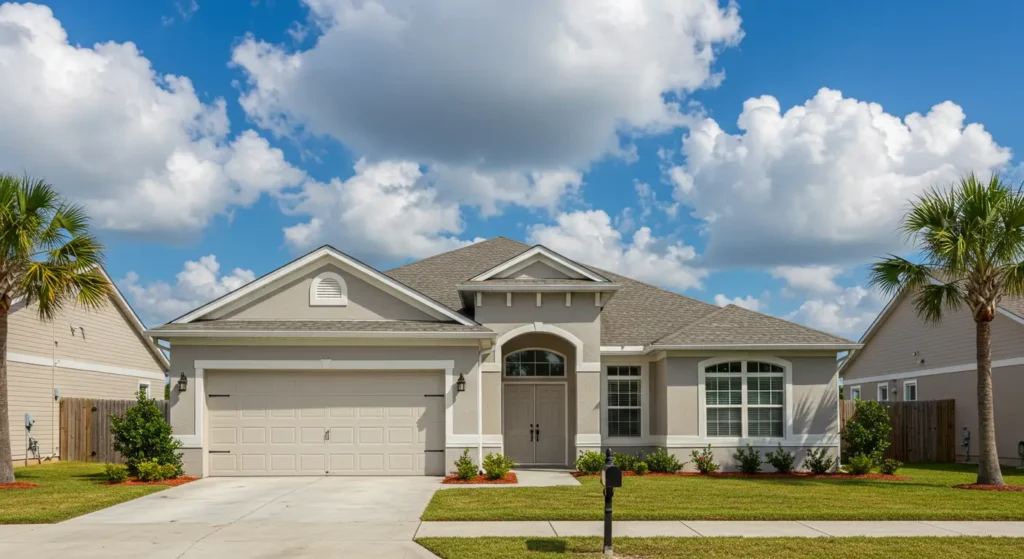 Beautiful single-story home with quality asphalt shingle roof in Panama City, Florida, featuring palm trees, well-maintained landscaping, and blue sky with white clouds showcasing professional roofing workmanship.