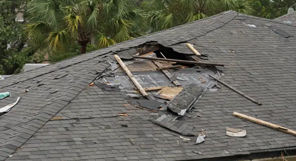 Close-up view of storm-damaged roof in New Orleans showing missing shingles, exposed underlayment, and debris from hurricane or severe weather. Residential home with palm trees visible in background after storm event. Photorealistic style showing clear damage that requires emergency repair.