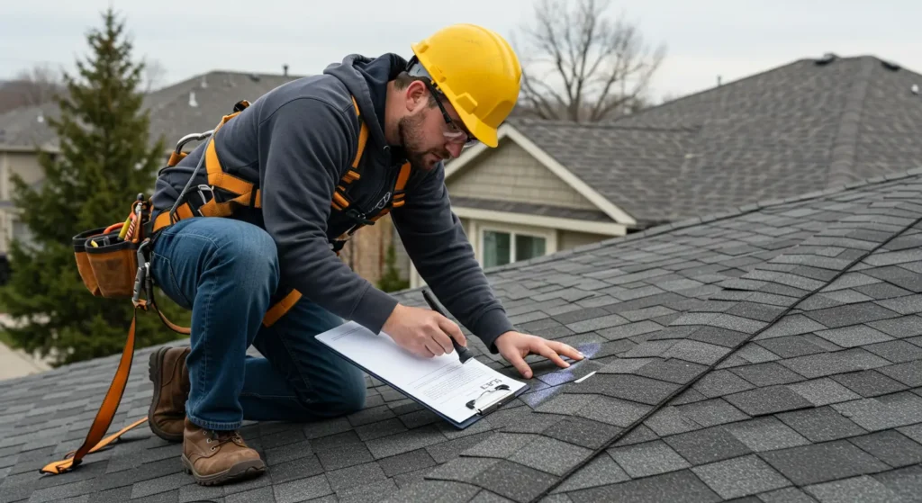 Professional roof inspector in yellow hard hat and safety harness kneeling on asphalt shingles, documenting roof condition on clipboard while conducting thorough residential roof inspection.