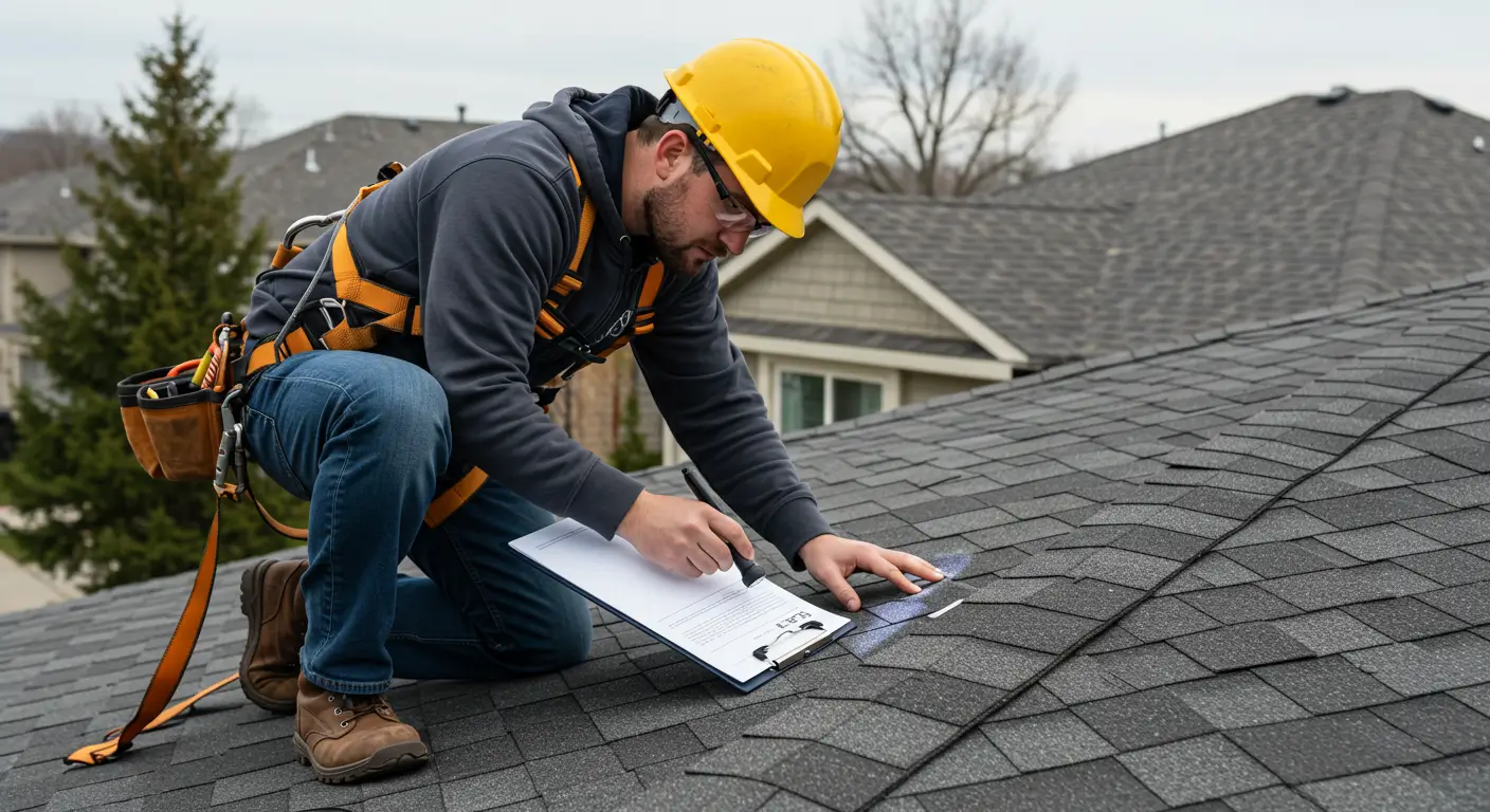 Professional roof inspector in yellow hard hat and safety harness kneeling on asphalt shingles, documenting roof condition on clipboard while conducting thorough residential roof inspection.