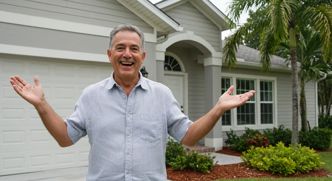 Happy Fort Myers homeowner standing proudly in front of his home with new vinyl siding, smiling with arms outstretched showing satisfaction with his siding investment, with palm trees and Florida landscaping in background.