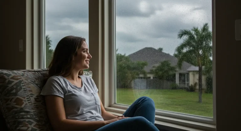 Woman sitting comfortably by impact-resistant window during rainstorm in Fort Myers home, feeling safe and secure while heavy rain is visible outside, demonstrating the peace of mind that quality hurricane windows provide.