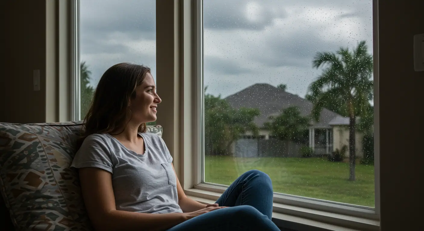 Woman sitting comfortably by impact-resistant window during rainstorm in Fort Myers home, feeling safe and secure while heavy rain is visible outside, demonstrating the peace of mind that quality hurricane windows provide.
