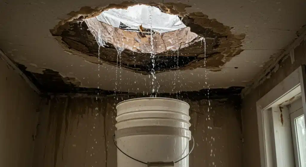 Water dripping through damaged ceiling into bucket in New Orleans home interior, showing water stains and damage from roof leak during storm. Emergency situation requiring immediate professional attention. Photorealistic style emphasizing urgency of roof repair needs.