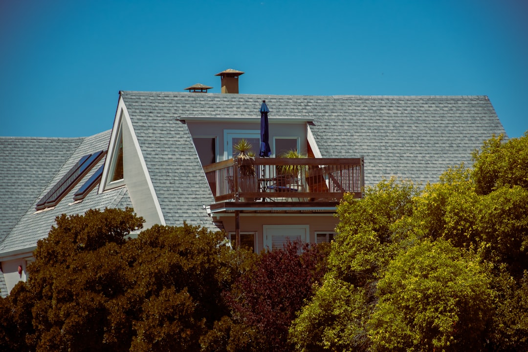 Bright blue tarp is stretched across a section of a residential roof, protecting the home from further damage after a seve...